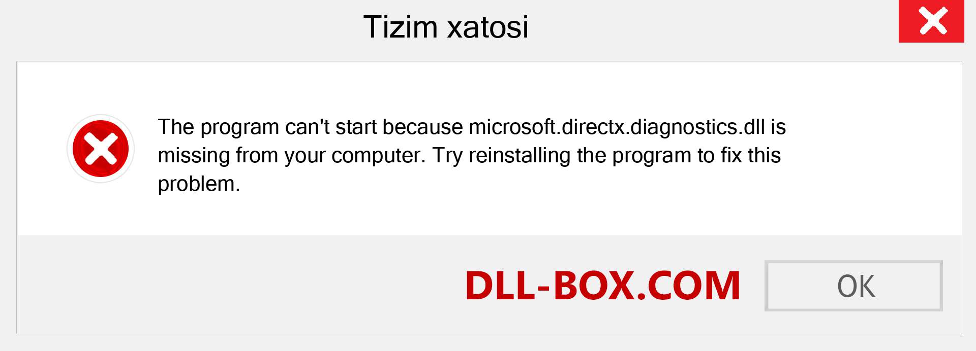 microsoft.directx.diagnostics.dll fayli yo'qolganmi?. Windows 7, 8, 10 uchun yuklab olish - Windowsda microsoft.directx.diagnostics dll etishmayotgan xatoni tuzating, rasmlar, rasmlar